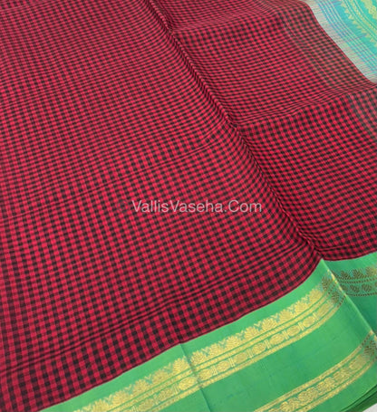 Pure Korvai Silk Cotton - Podi Kattam - Retta Petta Border - Red & with Blue   - VVKSC003