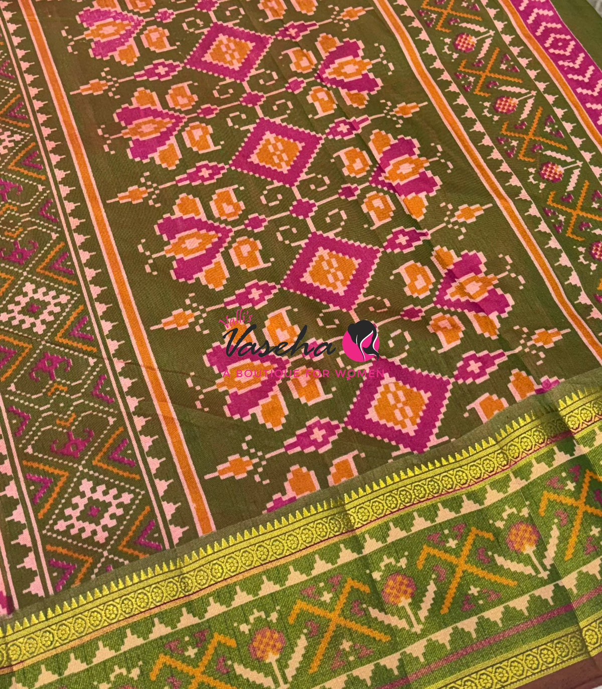 Semi Patola | Printed Silk Saree - Pink With Green Combo - VVSPS001