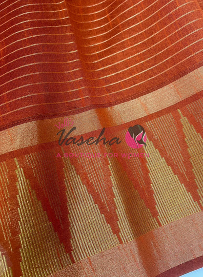 Semi Raw Silk - Lakshadeepam Design - Dark Purple With Rust Orange Shade - VVRS008