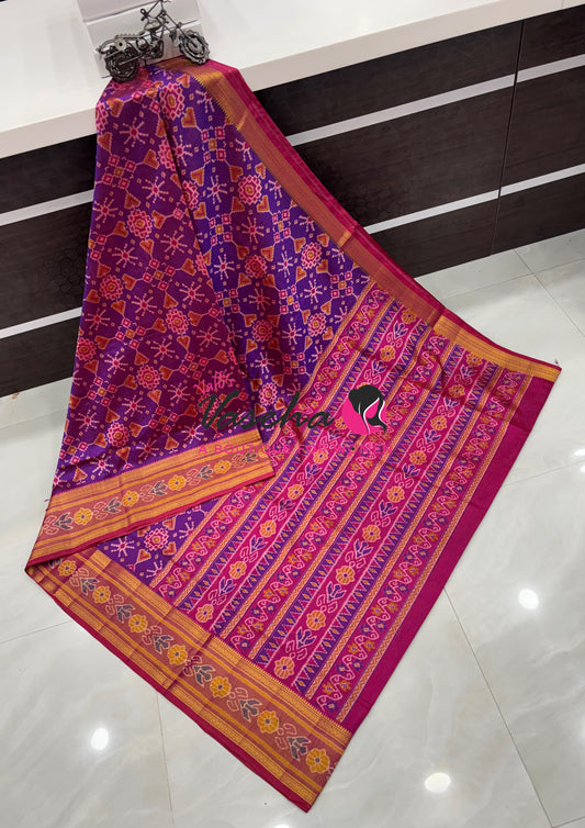 Semi Patola / Art Silk Saree - Purple With Pink Combo - VVSPS001