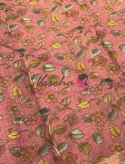 Linen Tissue Saree - Mirror Work Embroidery - Light Mustard Yellow With Pink Shade - VVLTS001