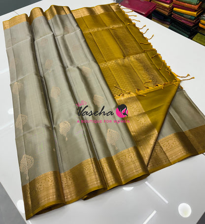 Pure Soft Silk Saree - Grey With Mustard Yellow - Velum & Mayilum - Kanchi Border - VVPSS015