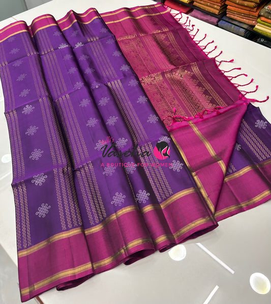 Pure Soft Silk Saree  - Kolam Weaving  - Purple & Pink Combo - VVPSS143