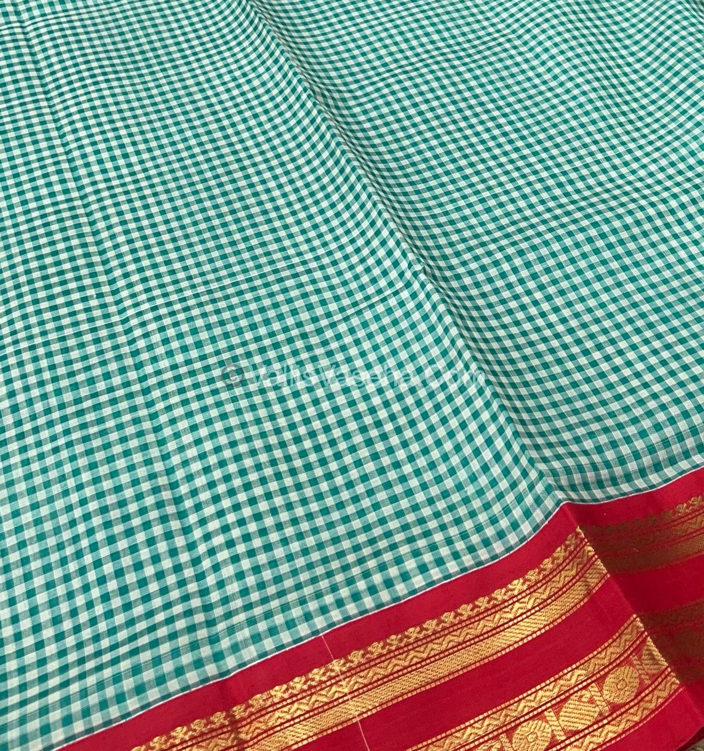 Pure Korvai Silk Cotton - Podi Kattam - Retta Petta Border - Ramar Blue & White with Red - VVKSC003
