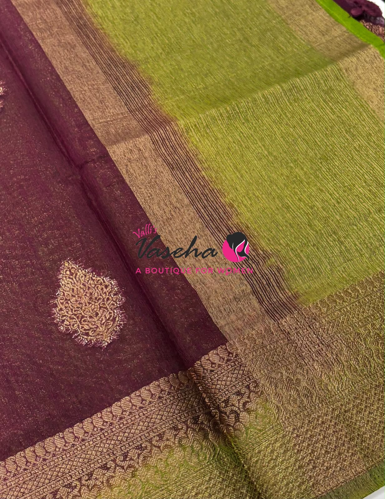 Bamboo Silk Saree - Wine with Green - VVBSS018