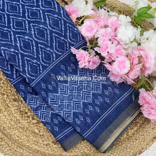 Linen Mixed Cotton Saree - Indigo Blue - Printed - VVLMP001