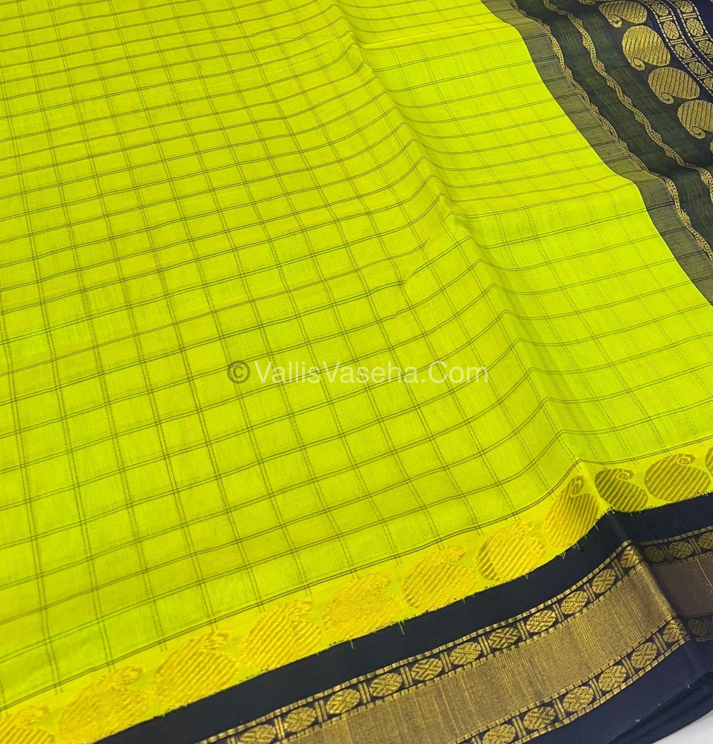 Pure Korvai Silk Cotton - Pista Green with Black  - Checks Pattern - VVKSC008