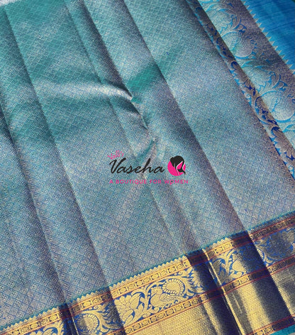 Pure Vintage Korvai Kanchipuram Silk Saree - Blue & Blue Combo - VVPS021