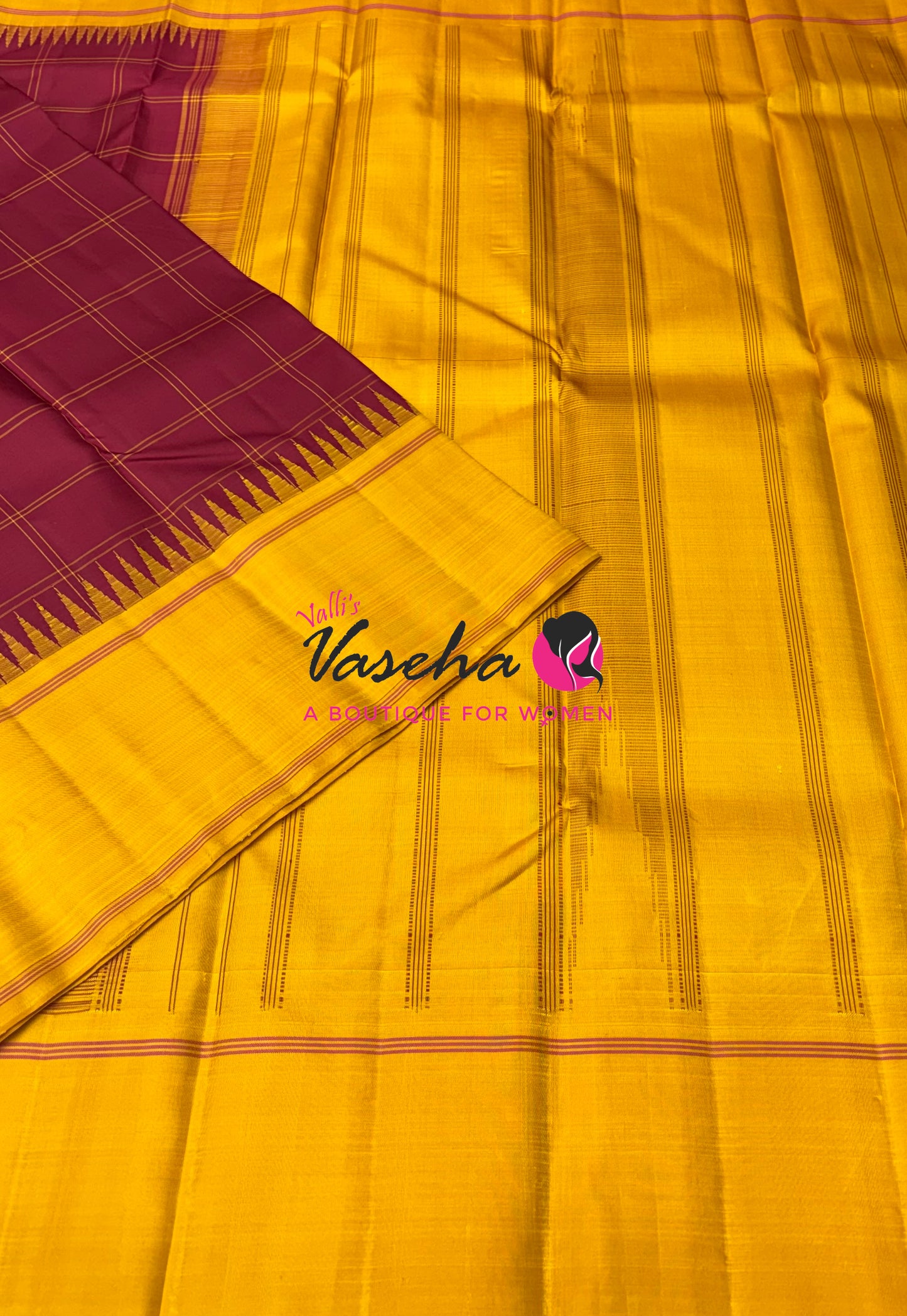 Pure Kanchipuram Silk Saree - Maroon With Yellow - VVPS069