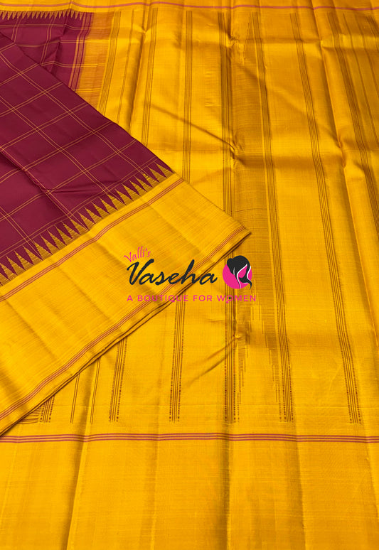 Pure Kanchipuram Silk Saree - Maroon With Yellow - VVPS069