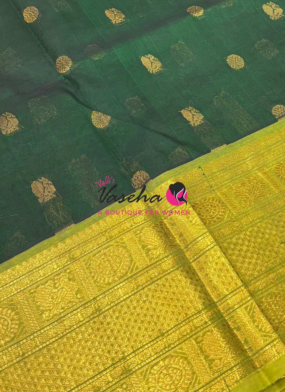 Pure Korvai Silk Cotton  -  Kanchi Border - Green With Yellow Shade - VVKSC032