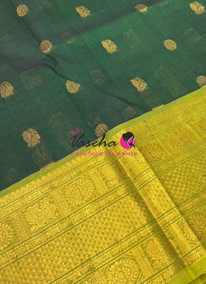 Pure Korvai Silk Cotton  -  Kanchi Border - Green With Yellow Shade - VVKSC032