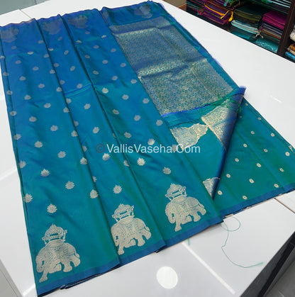Semi Soft Silk - Elephant Butta Border - Peacock Blue Shade -VVSSS011