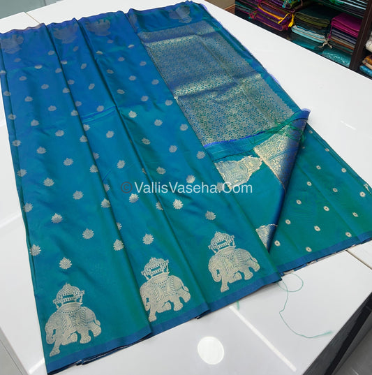 Semi Soft Silk - Elephant Butta Border - Peacock Blue Shade -VVSSS011