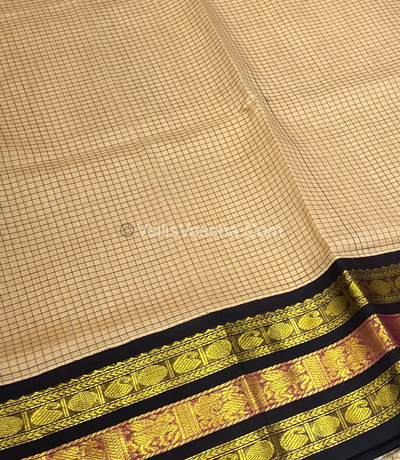 Pure Korvai Silk Cotton - Cream with Wine Brown - Checks Pattern - VVKSC024