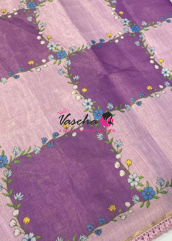 Linen Tissue Saree -  Light & Dark Combo - Lavender  Shade - VVLTS005