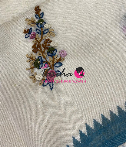 French Knot - Tissue Saree - Cream With Blue Shade - VVLFN022