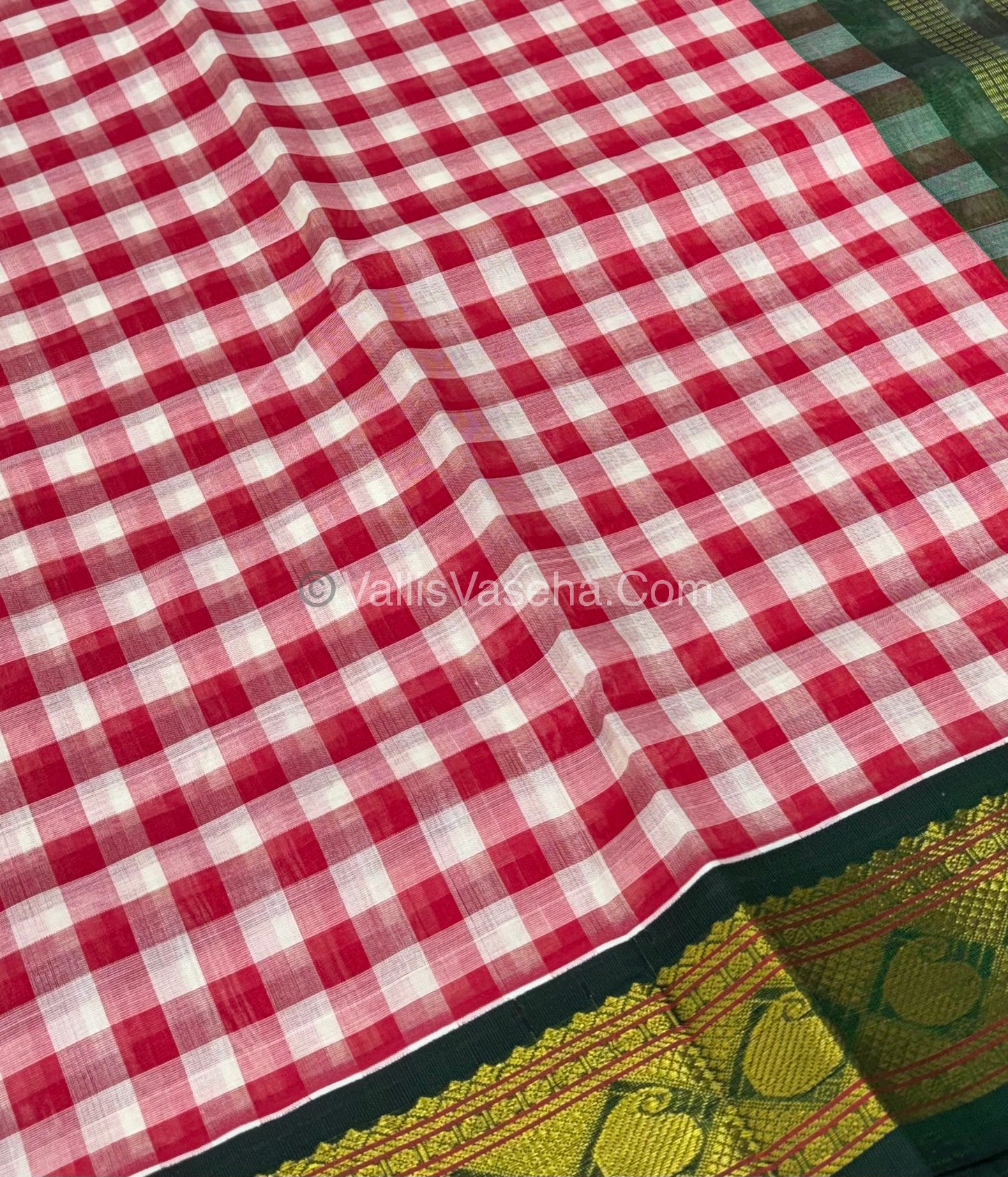 Pure Korvai Silk Cotton With Retta Petta Border - White & Red kattam pattern with Green   - VVKSC003