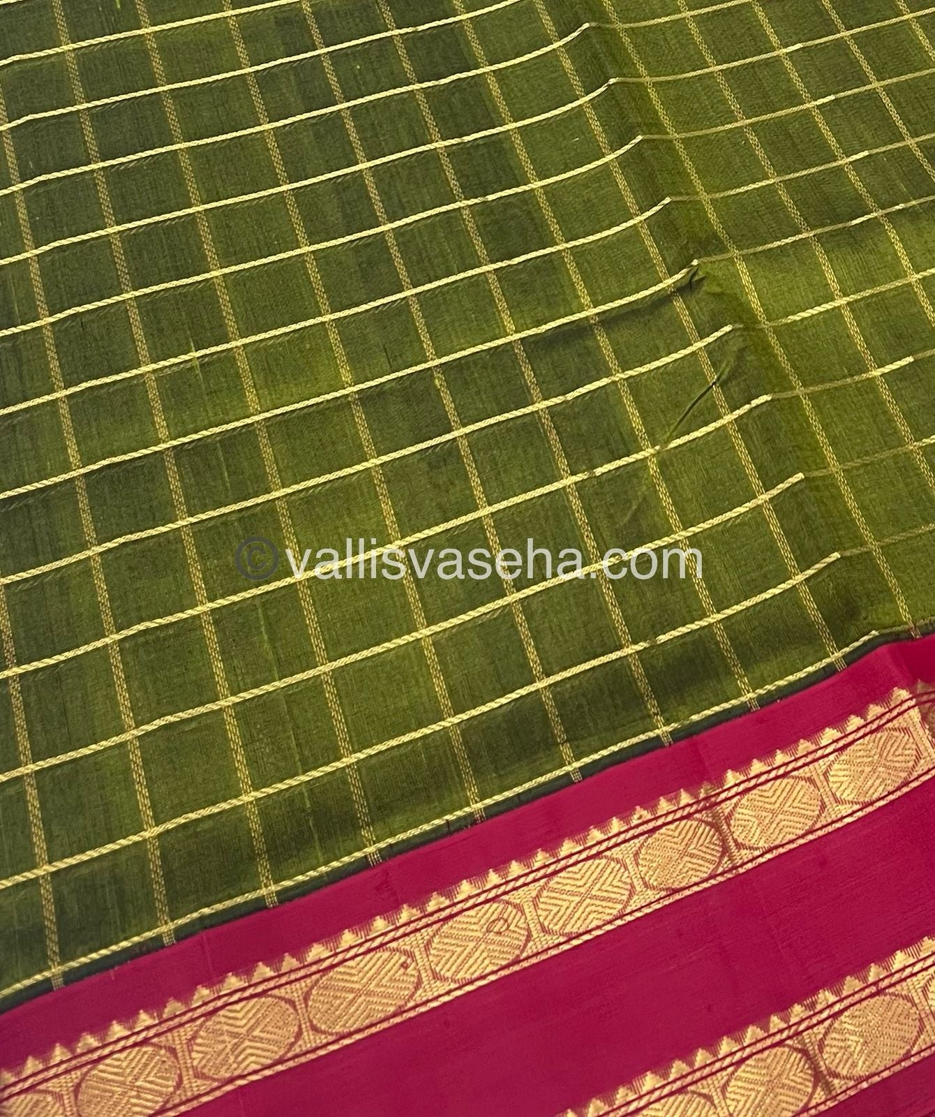 Pure Korvai Silk Cotton With Retta Petta Border - Checks pattern - Mehandi Green  & Red - VVKSC013
