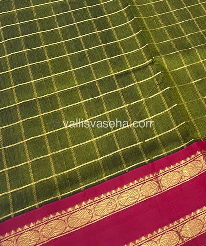 Pure Korvai Silk Cotton With Retta Petta Border - Checks pattern - Mehandi Green  & Red - VVKSC013