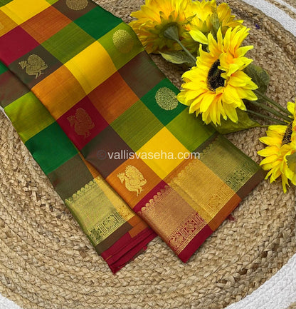 Pre Booking - 4 to 6 weeks - Pure Kanchipuram Silk Saree - Pazhum Pazhamum Checks - VVPS006