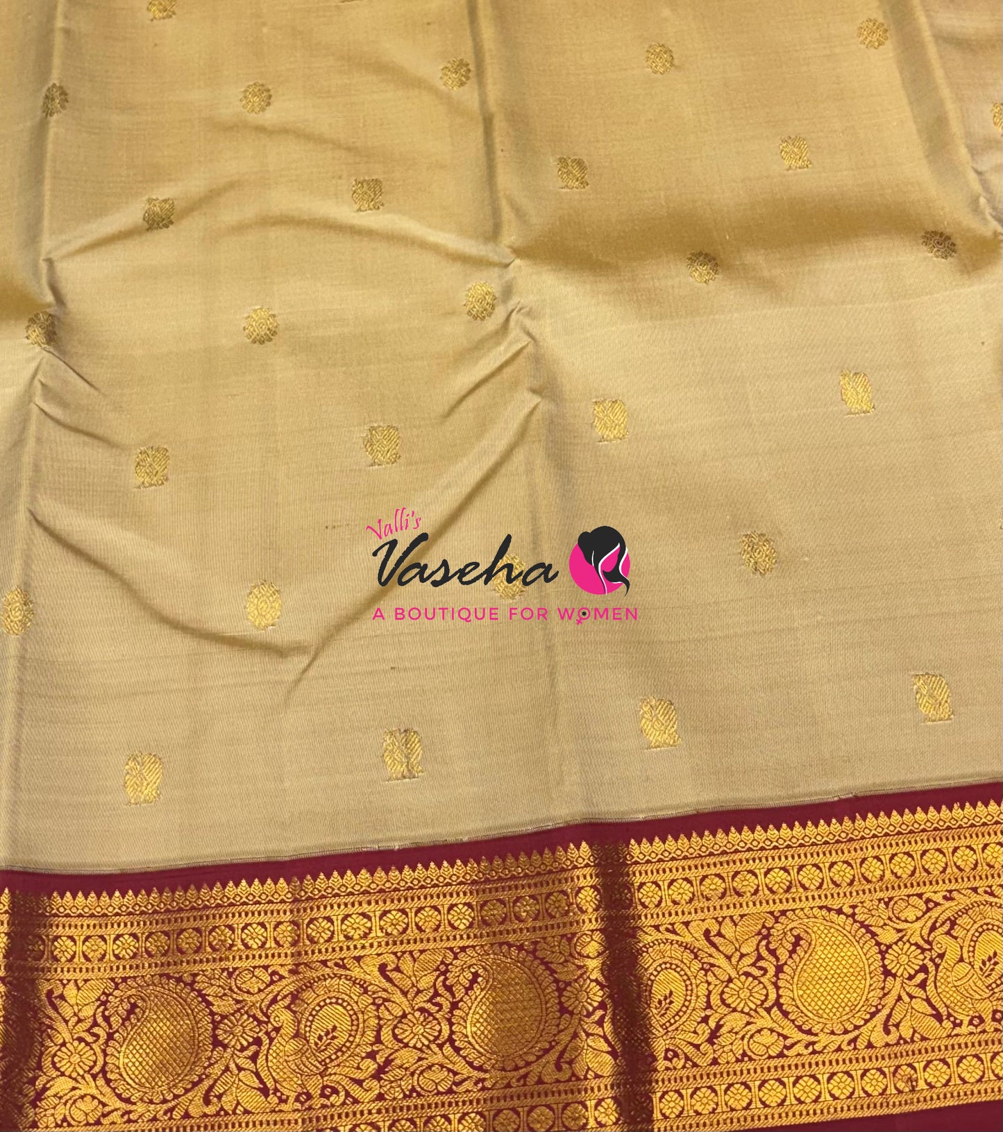 Pure Vintage Korvai Kanchipuram Silk Saree - Ivory/Cream & Maroon Combo - VVPS034