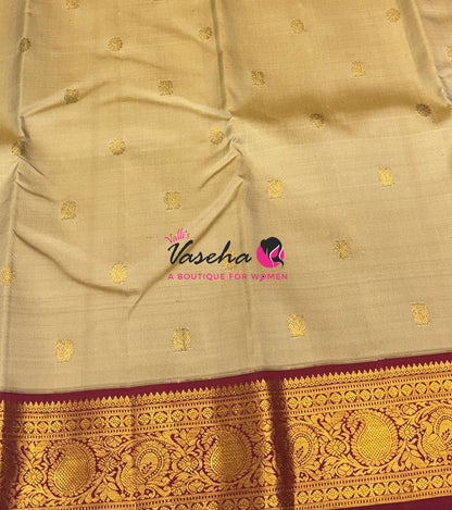 Pure Vintage Korvai Kanchipuram Silk Saree - Ivory/Cream & Maroon Combo - VVPS034
