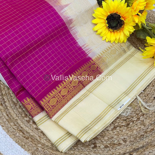 Pure Korvai Silk Cotton - Retta Petta Border - Rani Pink With Cream Combo - VVKSC010