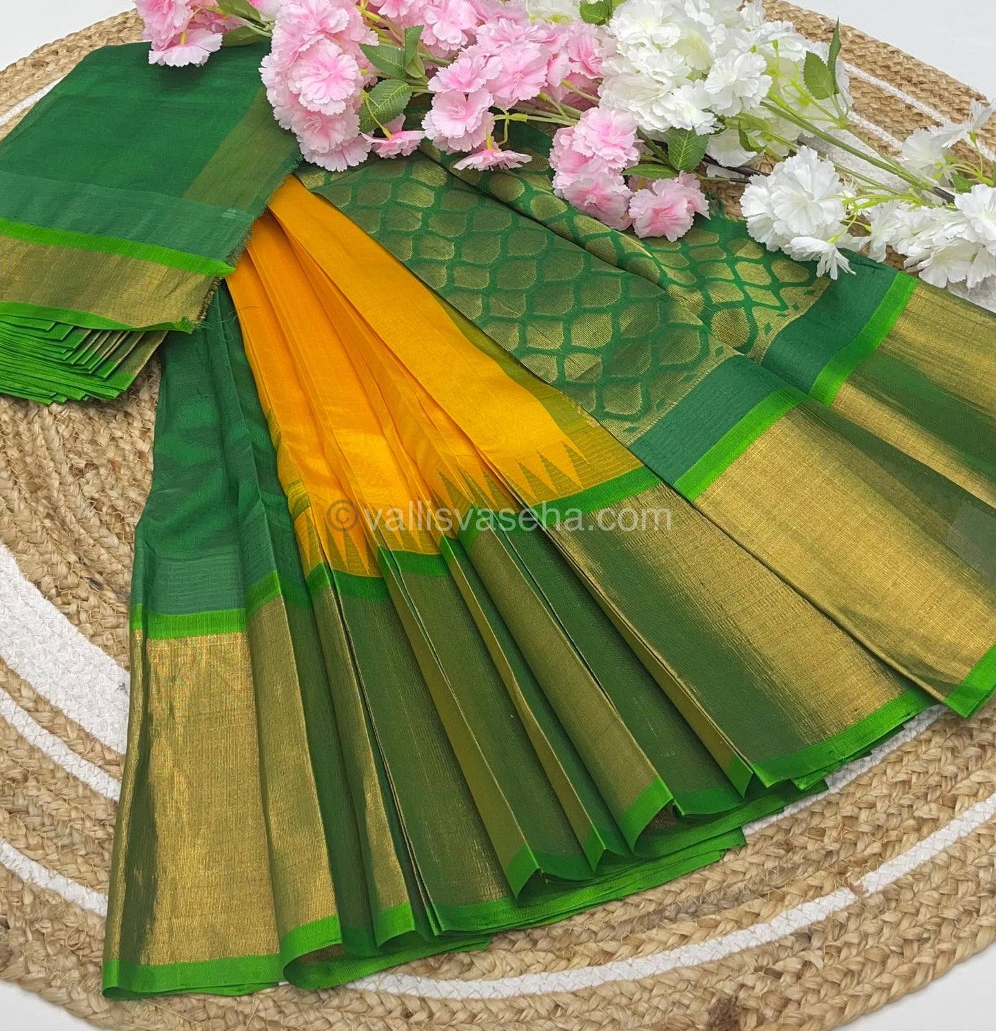 Pure Korvai Silk Cotton Saree - Yellow  with Green Combo - Temple border - VVKSC001