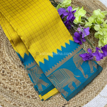 Semi Silk Saree - Kanchi Silk Style - Elephant Border - Yellow with Blue - VVSSS005