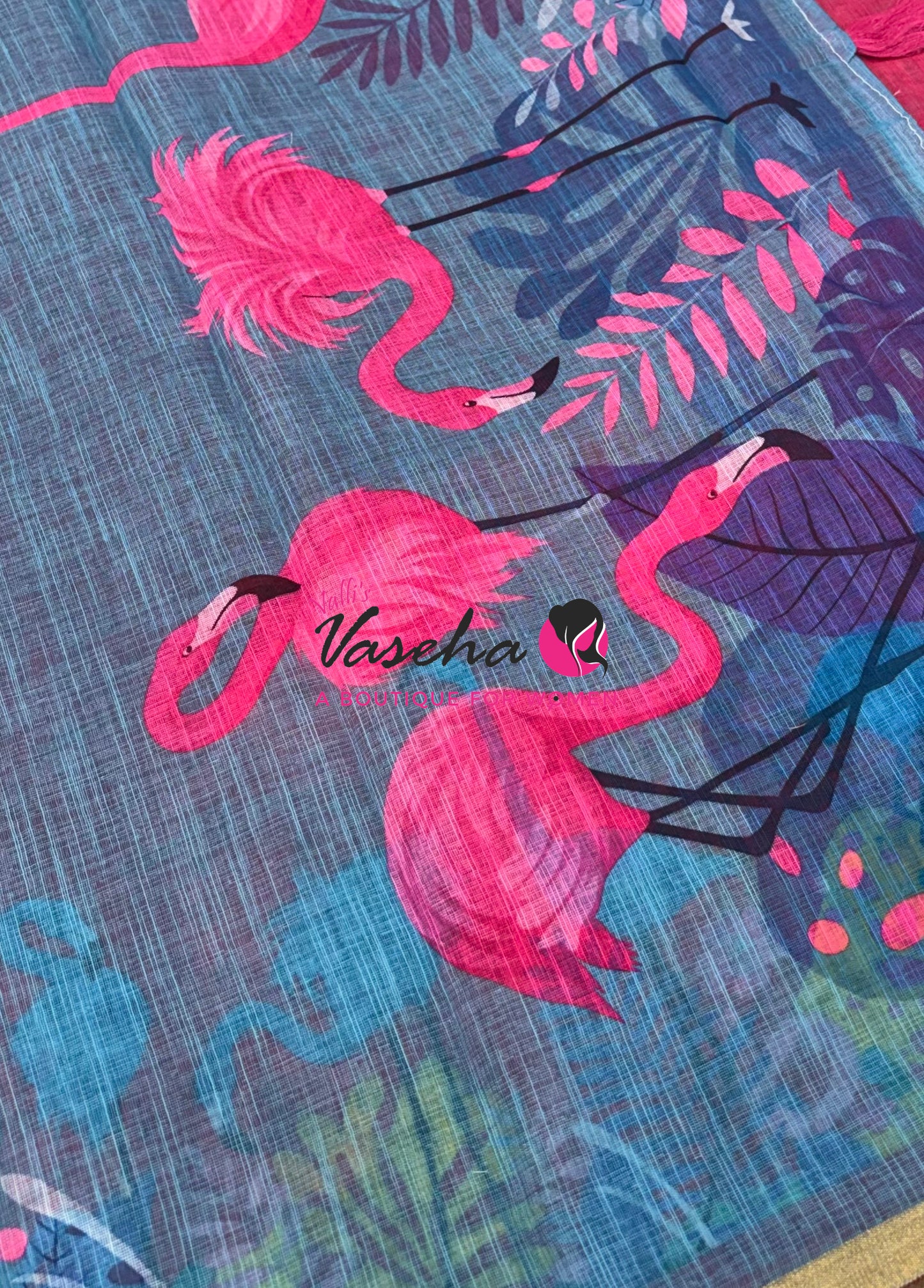 Linen Mixed Cotton Saree - Printed - Blue  With Pink Shade - VVLMP002
