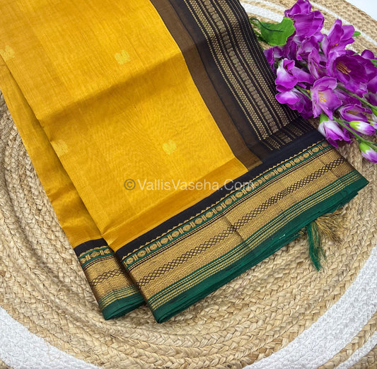 Pure Korvai Silk Cotton Saree - Mustard Yellow with Black - VVKSC004