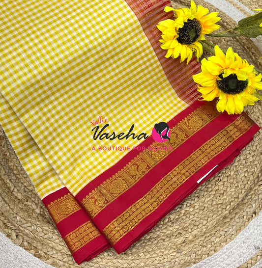 Pure Korvai Silk Cotton - Podi Kattam -White & Yellow with Red- Retta Petta Border - VVKSC003