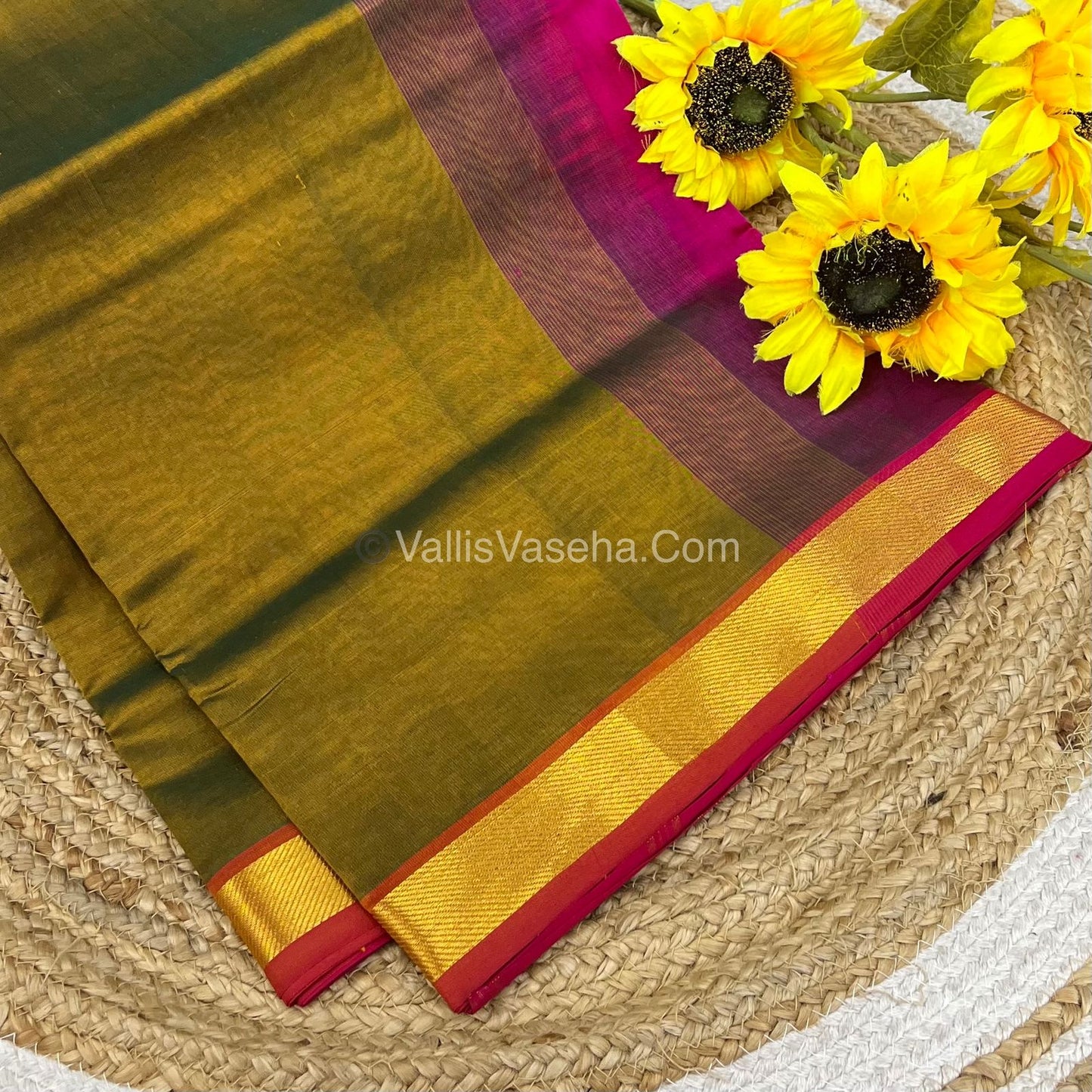 Pure Silk Cotton Sarees -Mehendi Green With Pink - VVPSC003
