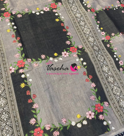 Linen Tissue Saree -  Light & Dark Combo - Elephant Grey Shade - VVLTS007