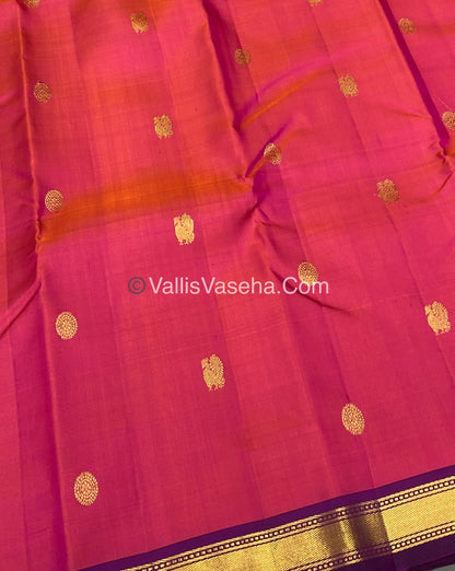 Pure Kanchipuram Silk Saree - Peachish Pink with Purple Combo - VVPS010