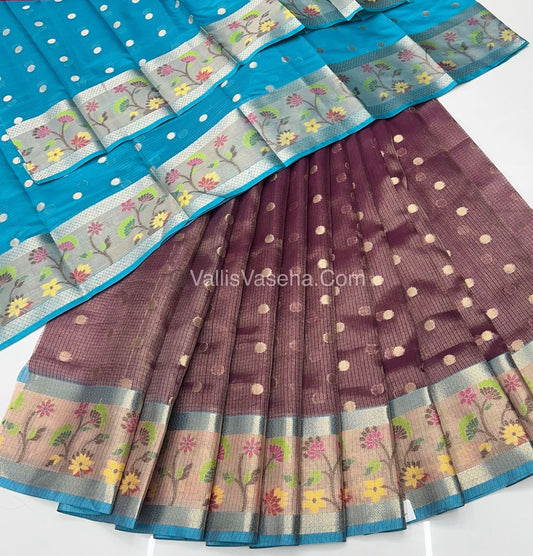 Unstitched - Lehenga Material - Zari Kota Tissue - Wine Purple & Blue - VVULM001