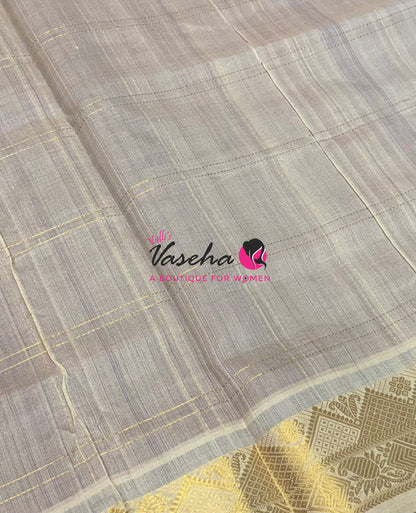 Pure Korvai Silk Cotton - Checks Pattern - Purple with Cream Shade  - VVKSC035