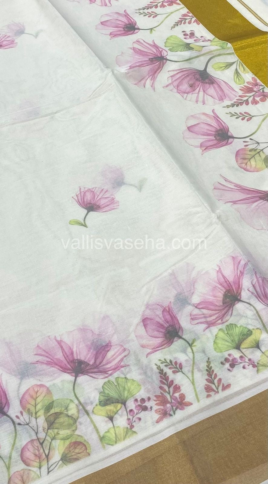 Kerala Cotton Saree - Cream With Golden Border - VVKCS001