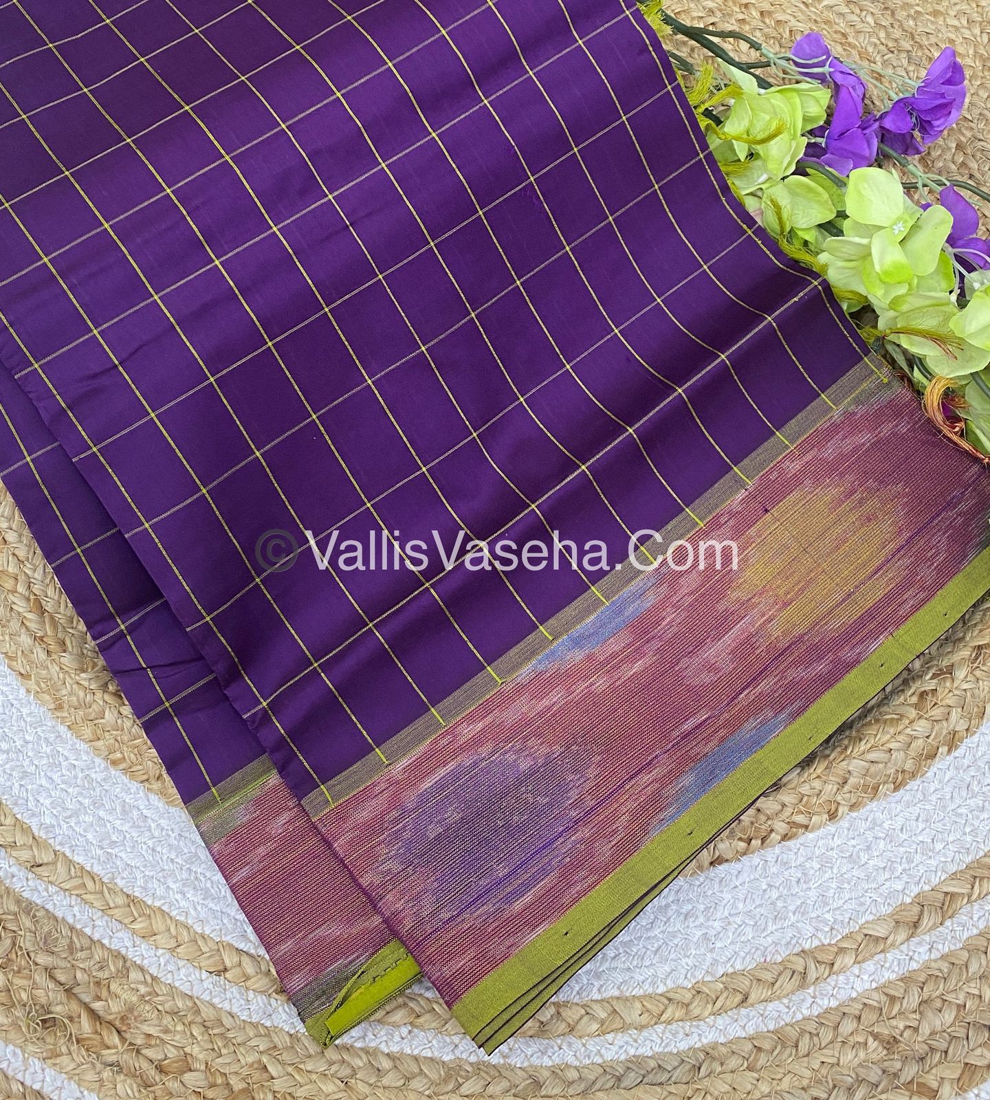 Semi Silk Cotton Saree - Purplish Wine & Green  - VVSSC001