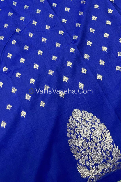 Semi Soft Silk - Tree With Double Birds Butta Border - Blue Shade -VVSSS011