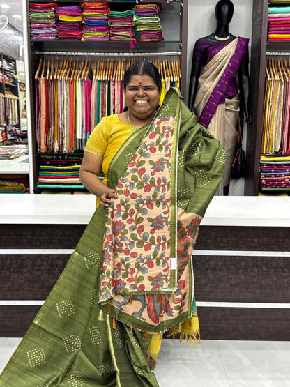 Semi Matka Tussar Silk Saree - Bandhini pattern - Green Shade - VVSMT001