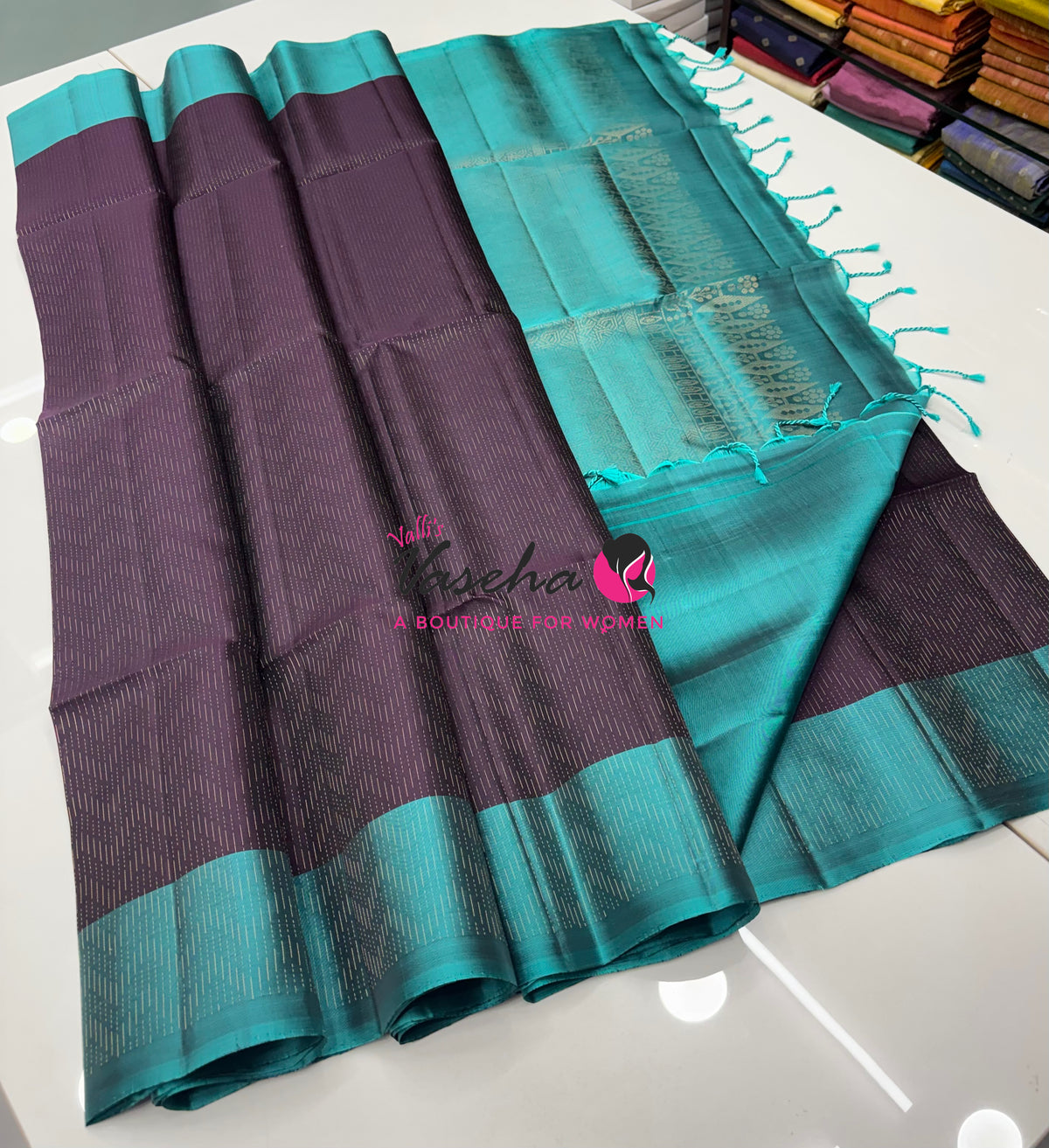 Pure Soft Silk Saree  - Vairavoosi Pattern - Brown With Blue - VVPSS095