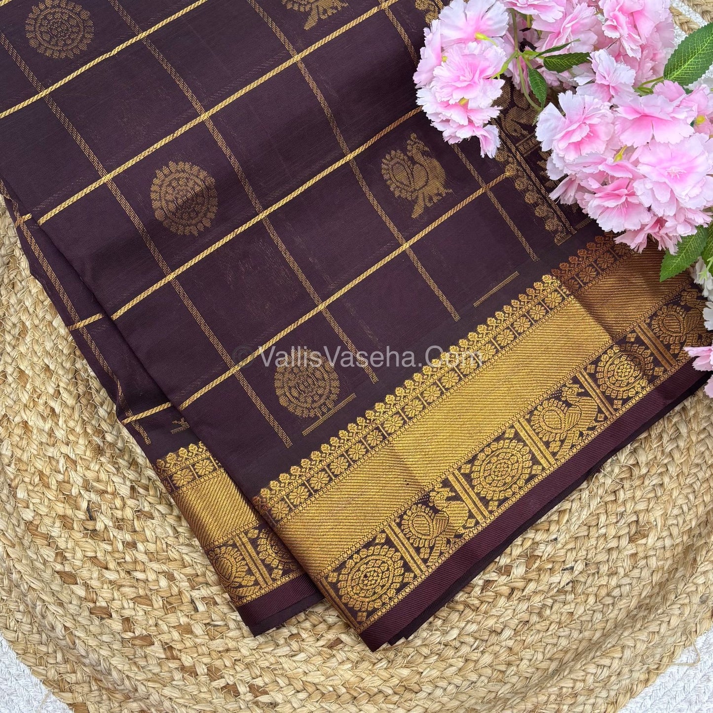 Pure Silk Cotton Saree - Mayil & Chakkaram Design - Brown Shade - VVMC001