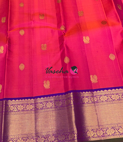 Pure Kanchipuram Silk Saree - Peachish Pink & Purple Combo - VVPS040