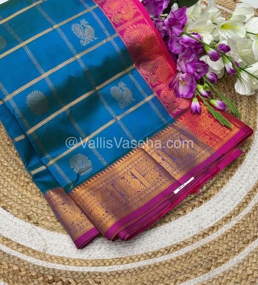 Pure Silk Cotton Saree - Mayil & Chakkaram Design - Blue With Pink Combo -VVMC003