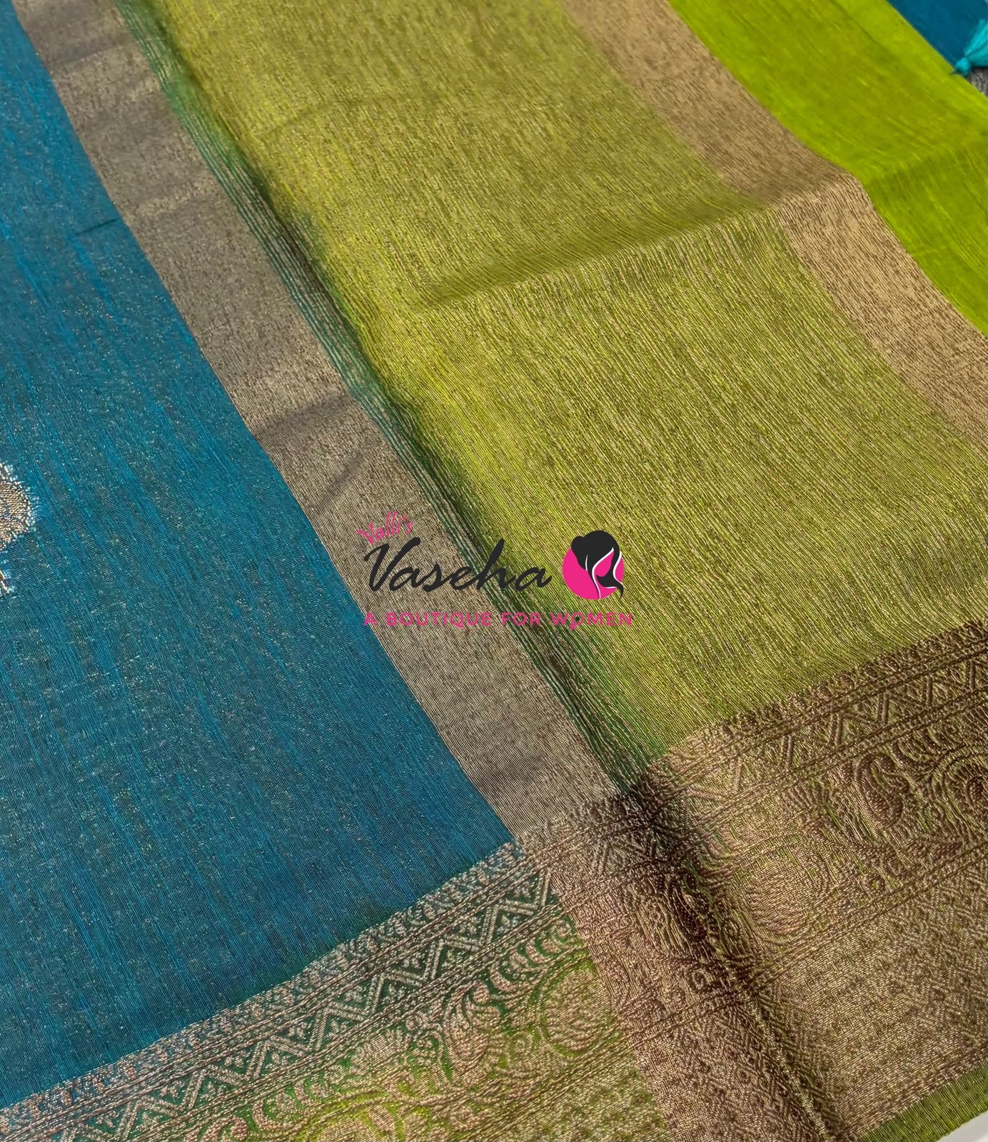 Bamboo Silk Saree - Blue With Green - VVBSS019