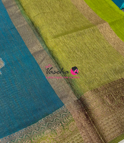 Bamboo Silk Saree - Blue With Green - VVBSS019