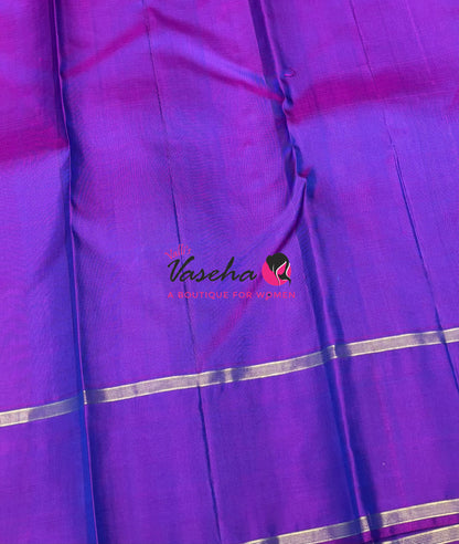 Pure Kanchipuram Silk Saree - Vairavoosi Design  - Peacock Blue & Purple Combo - VVPS014