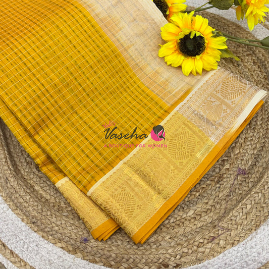 Pure Silk Cotton Saree - Yellow With Half White - Lakshadeepam Design - VVPLD001